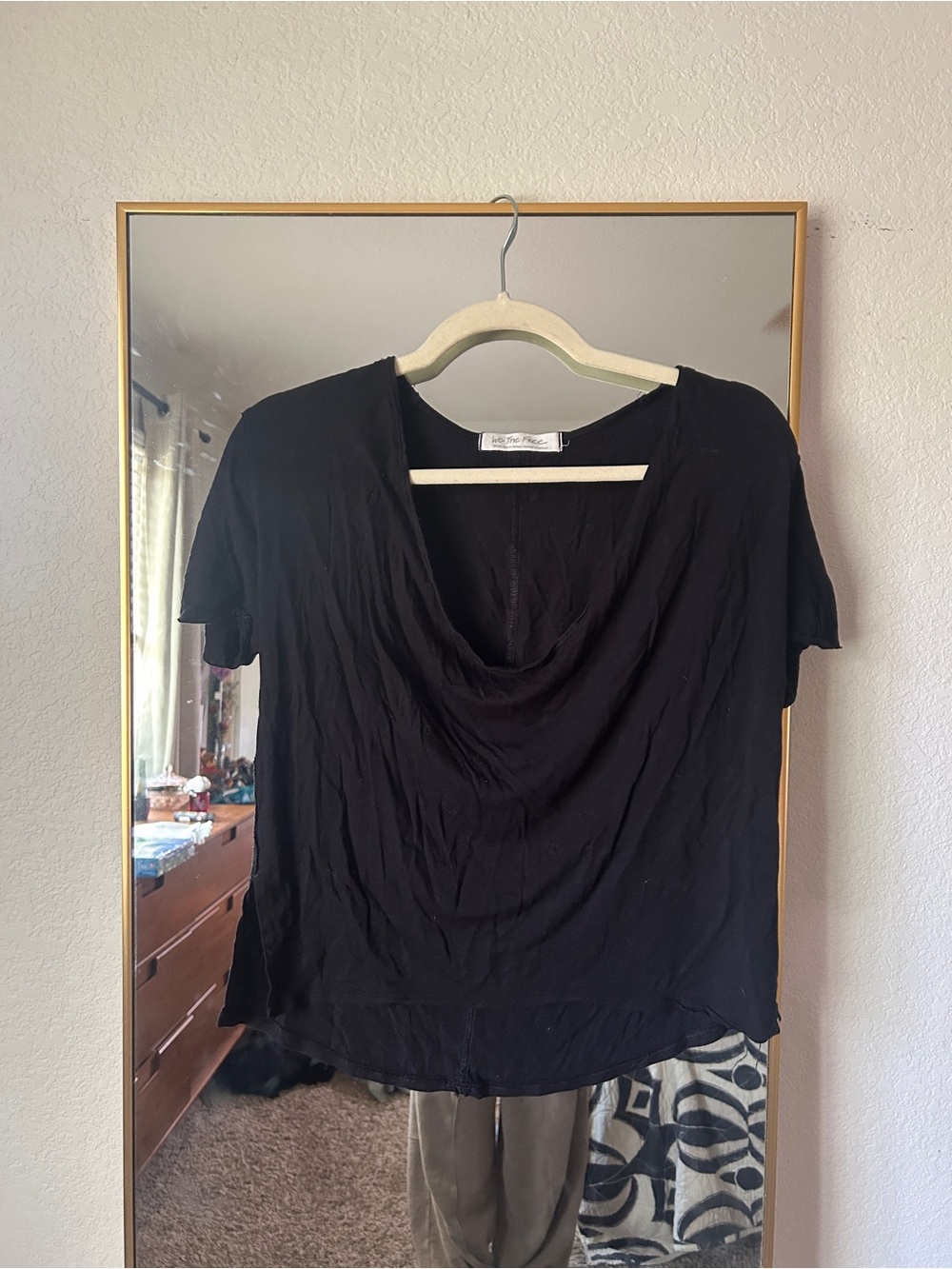 Free People Black Short Sleeve Cowl Neck Tee
